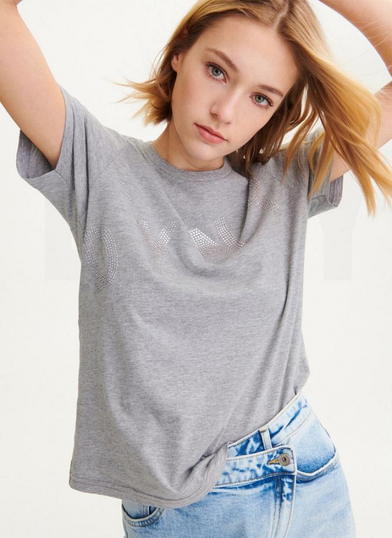 DKNY Diagonal Rhinestone Logo T-shirts Damen Grau | Austria_D1016